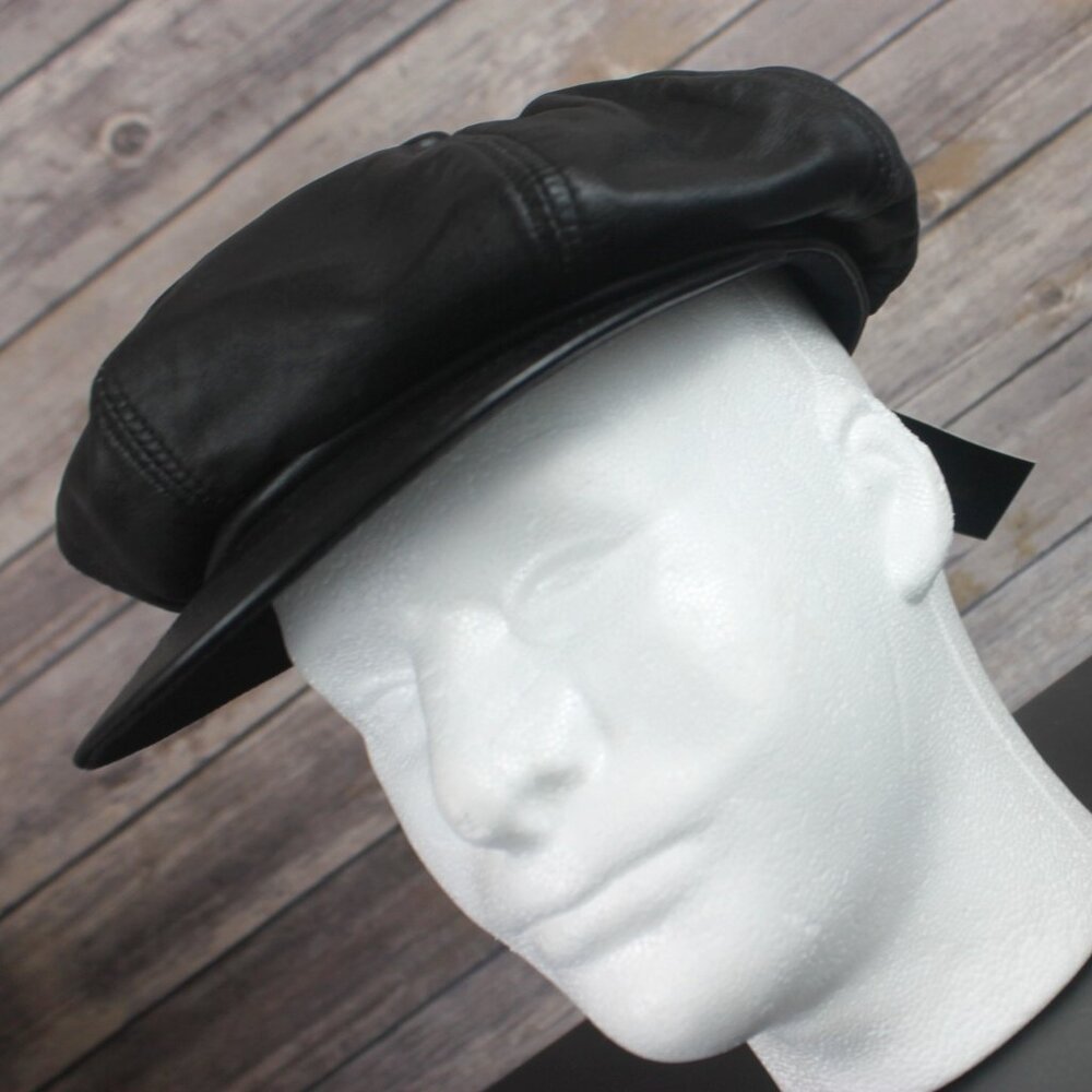 America Best Black Leather Newsboy Cabby Hat Men Lined Size 57cm New with Tags